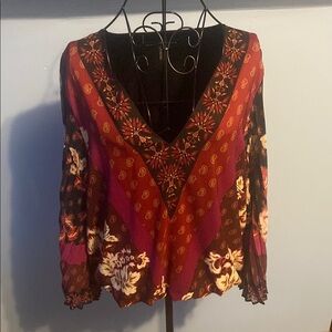 White House Black Market Orange Brown Graphic Asymmetrical Blouse. ECU